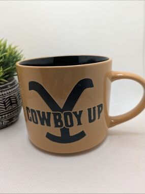 Yellowstone Cowboy Up Ceramic Mug in Tan with Black Interior